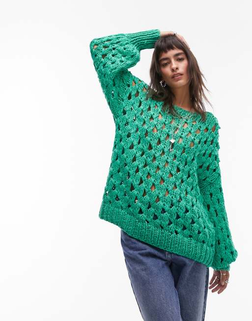 Topshop premium hand knitted open stitch sweater in green, 2 of 4