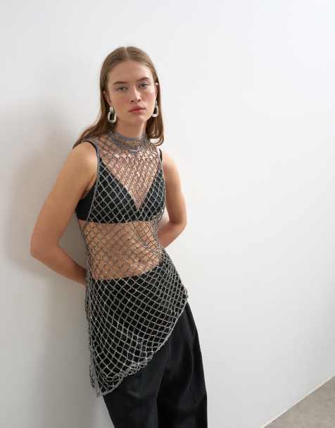 Topshop premium handdekorerad tunika i gun metal silver - view 1