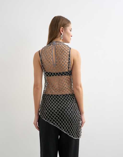 Topshop premium handdekorerad tunika i gun metal silver, 3 av 4