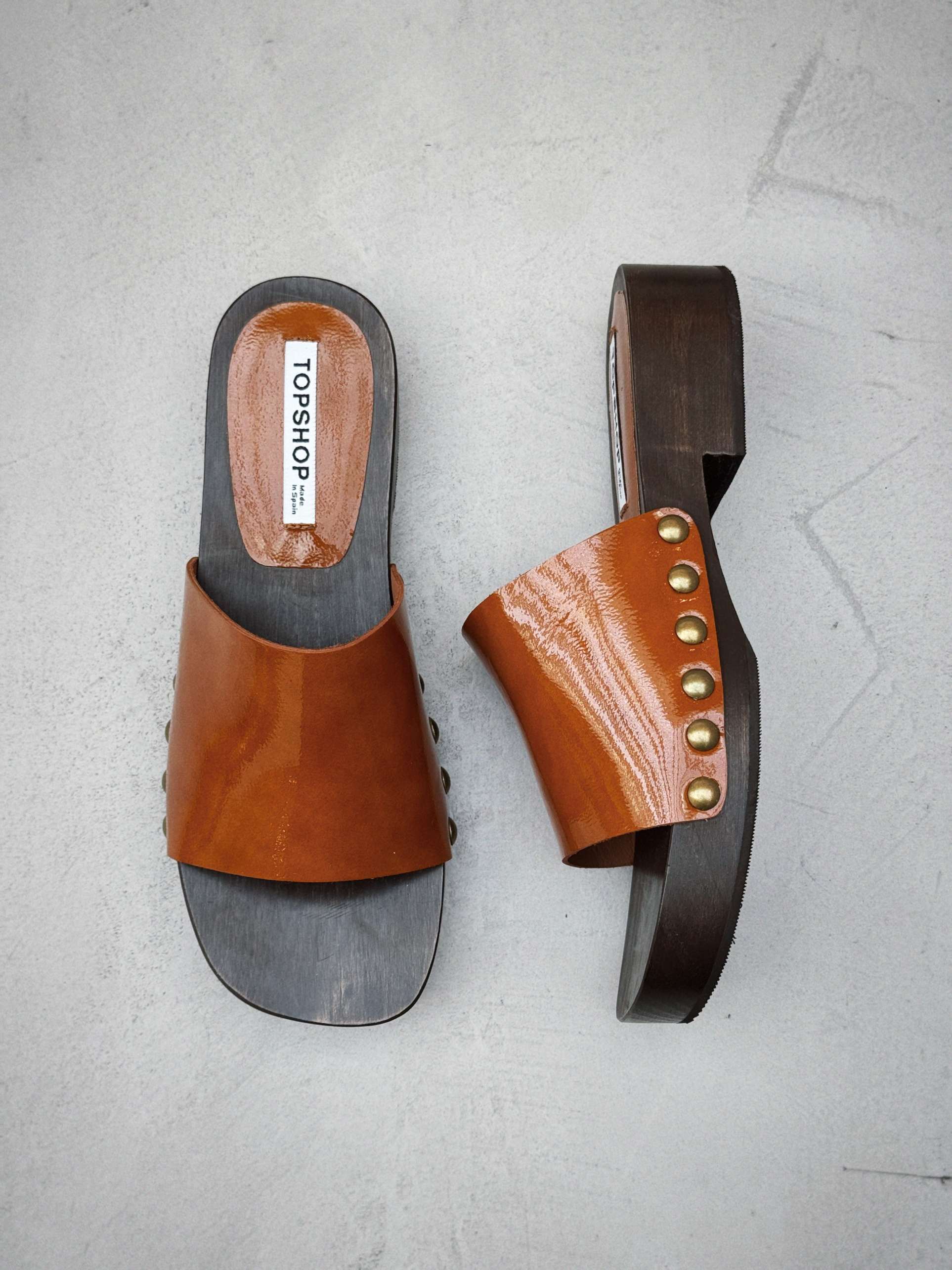 topshop premium harley leather wooden clogs in tan
