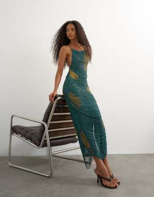 Topshop Premium Heavily Embellished Fringed Maxi Dress In Blue