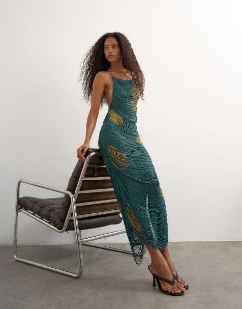 Topshop premium heavily embellished fringed maxi dress in teal polka dot - view 1
