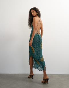 Model wearing Premium heavily embellished fringed maxi dress in teal polka dot