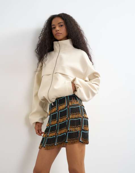 Topshop premium heavily embellished fringed mini skirt in blue an black - view 1