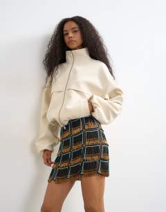 Premium heavily embellished fringed mini skirt in blue an black