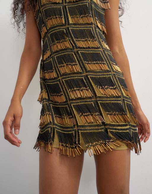 Topshop premium heavily embellished open back mini dress in black and gold, 3 of 4