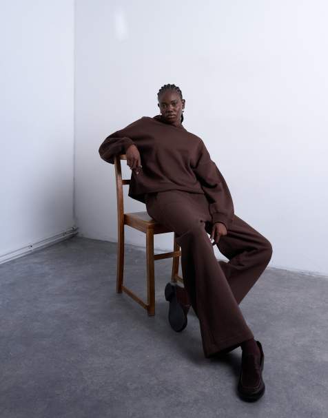 Topshop premium heavyweight straight leg sweatpants in chocolate brown - view 1