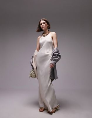 Topshop Premium High Neck Maxi Dress In Cream-white