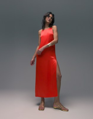 Topshop Premium High Neck Maxi Dress In Red