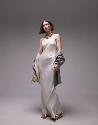 premium high neck maxi dress with side splits in cream-White