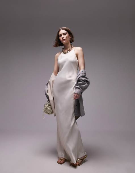 Topshop premium high neck maxi dress with side splits in cream - view 1