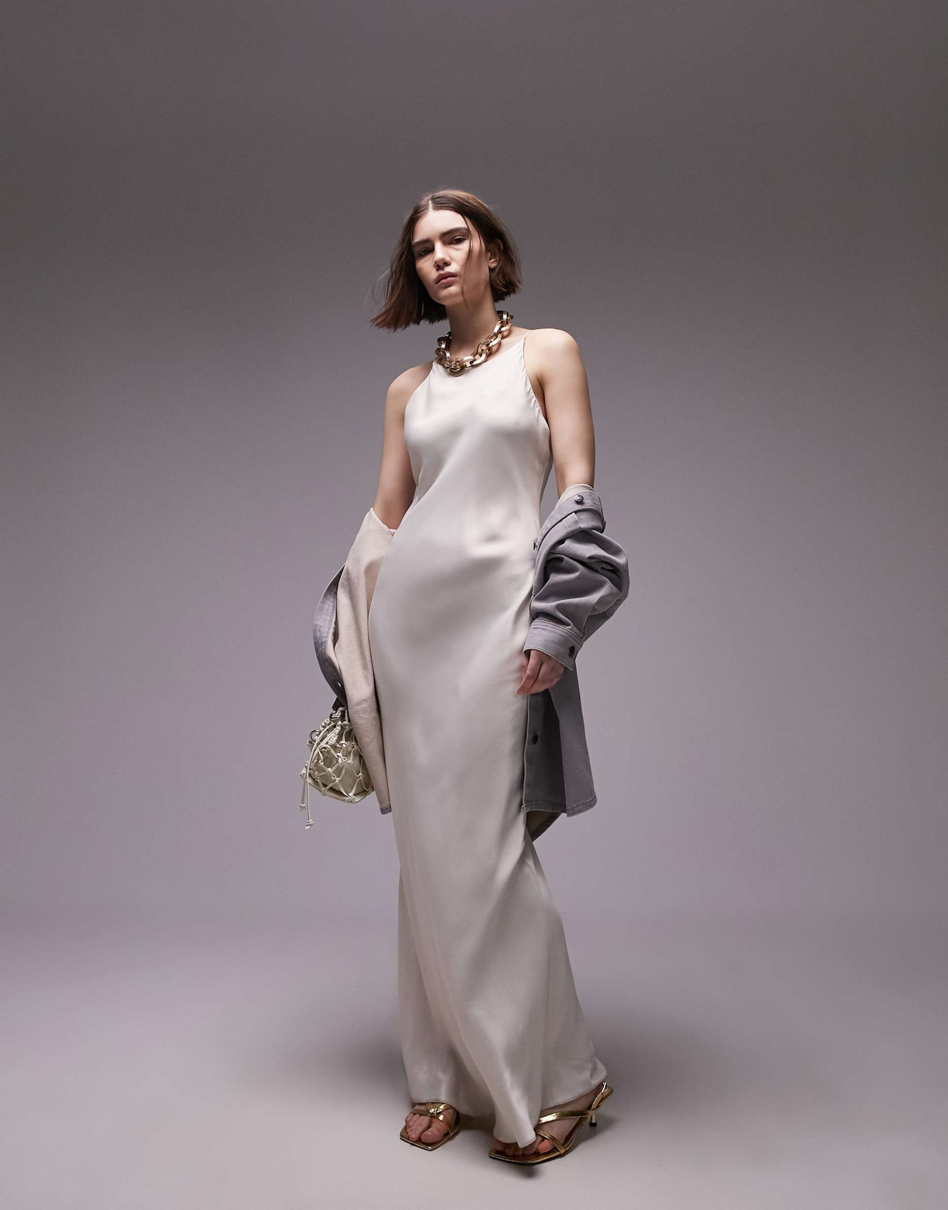 topshop premium high neck maxi dress with side splits in cream