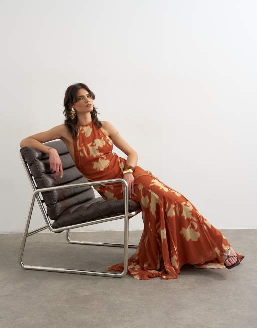 Topshop premium high neck open back maxi dress in spaced orange floral, 2 of 4