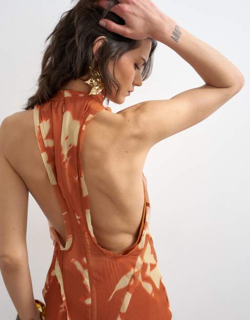 Topshop premium high neck open back maxi dress in spaced orange floral, 3 of 4
