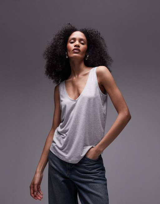 Topshop – Premium – Hochwertiges, lockeres Trägertop in meliertem Grau mit V-Ausschnitt