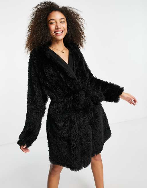 Topshop premium hooded robe in black