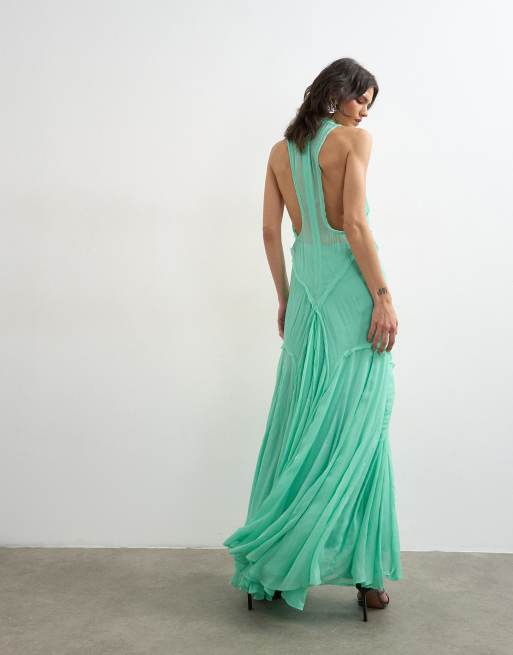 Topshop - Premium - Hoogsluitende maxi jurk van viscose met open achterkant in appelgroen, 3 van 4