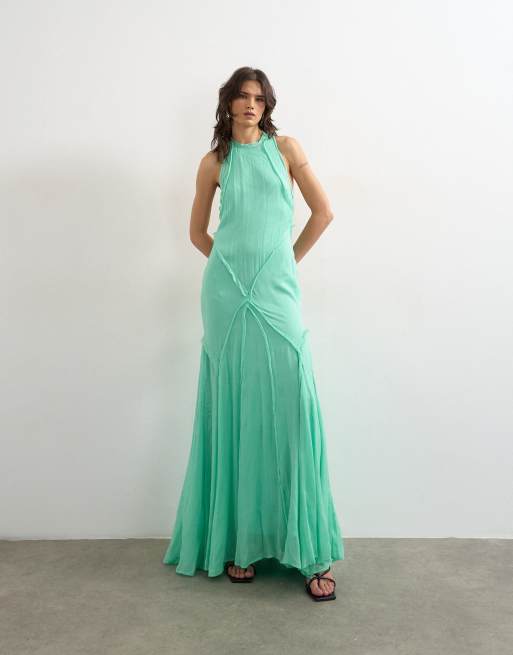 Topshop - Premium - Hoogsluitende maxi jurk van viscose met open achterkant in appelgroen, 4 van 4