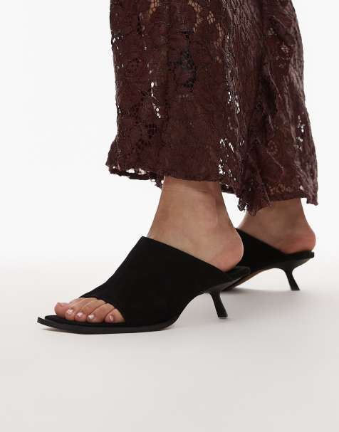 Topshop Premium Ilya suede open square toe mules in black - view 1