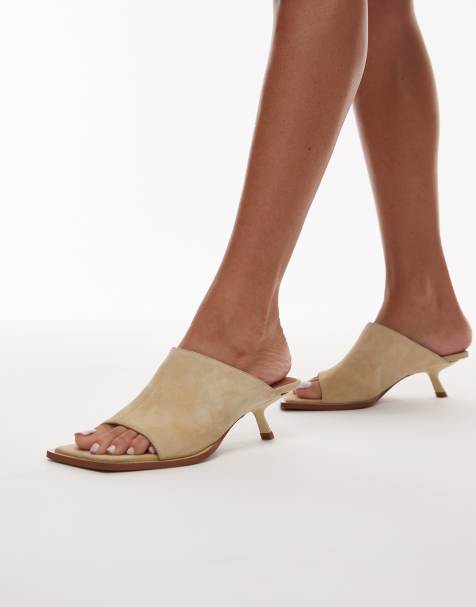 Topshop Premium Ilya suede open square toe mules in off white - view 1