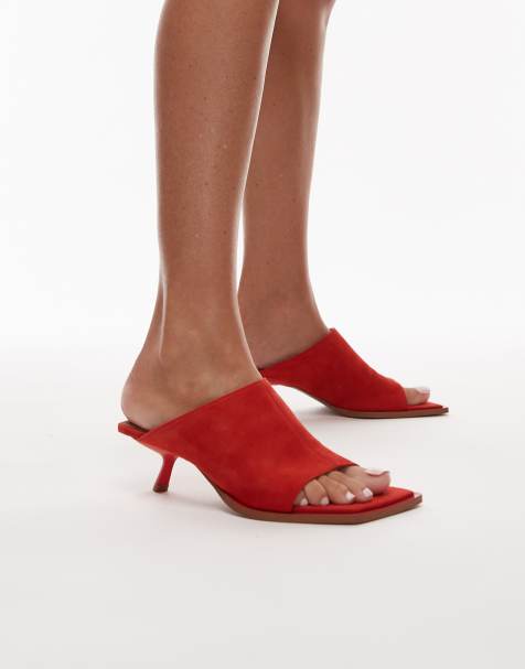 Topshop Premium Ilya suede open square toe mules in red - view 1