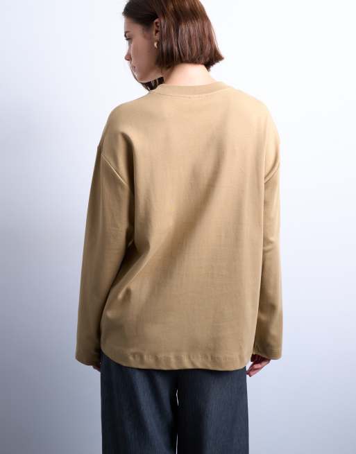Topshop premium interlock long sleeve skater tee in pale khaki, 4 of 4