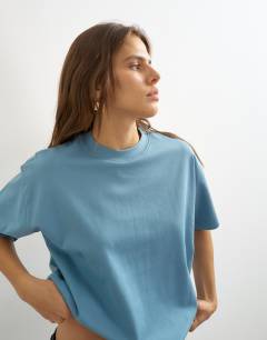 Model wearing Premium interlock t-shirt in blue