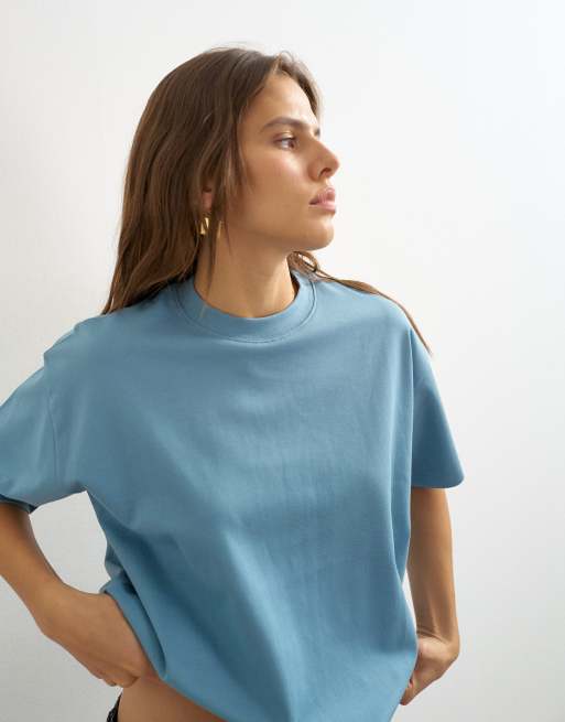 Topshop premium interlock t-shirt in blue, 2 of 4