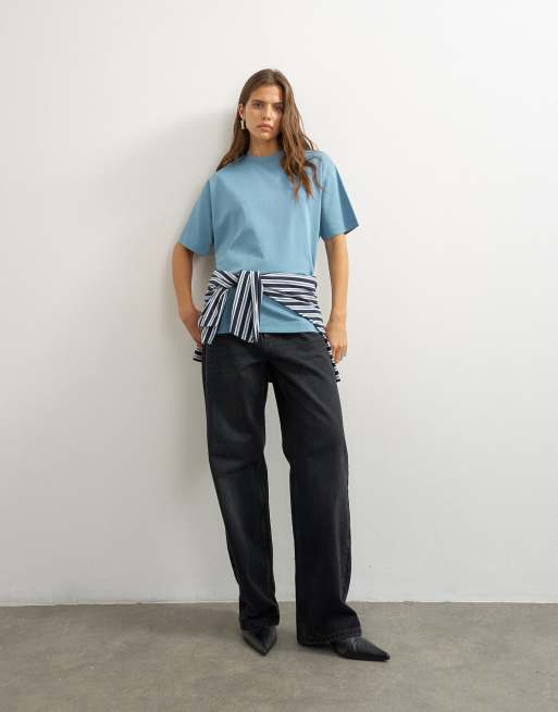 Topshop premium interlock t-shirt in blue, 3 of 4