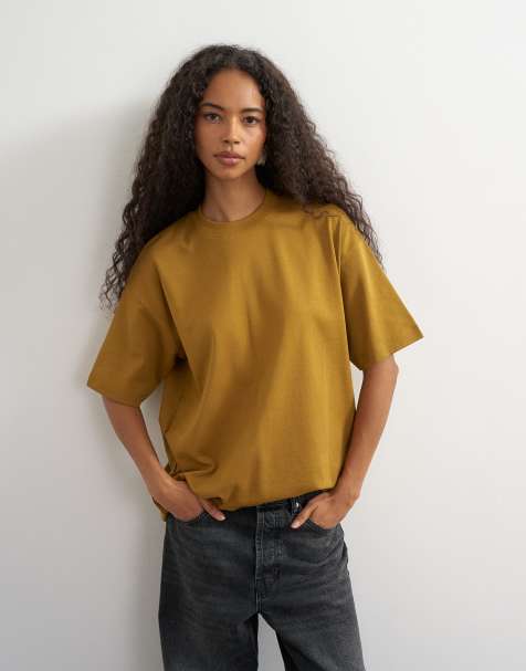 Topshop premium interlock t-shirt in ochre - view 1