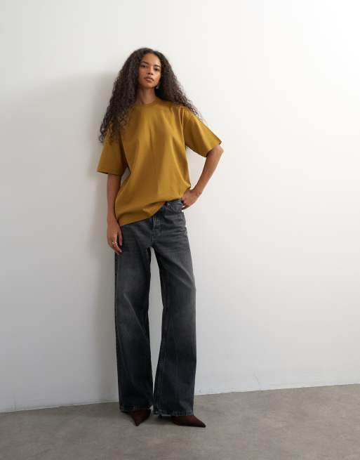 Topshop premium interlock t-shirt in ochre, 2 of 4