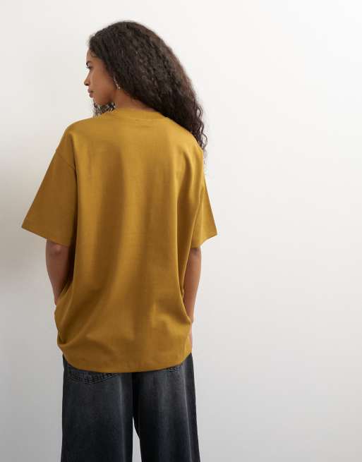 Topshop premium interlock t-shirt in ochre, 3 of 4