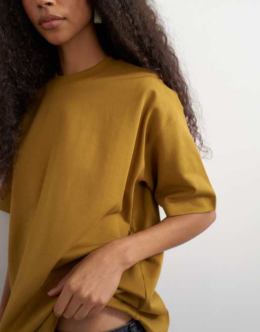 Topshop premium interlock t-shirt in ochre, 4 of 4