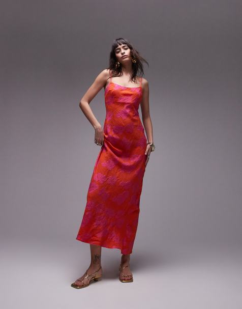 Topshop premium jacquard midi slip dress in pink and orange - view 1