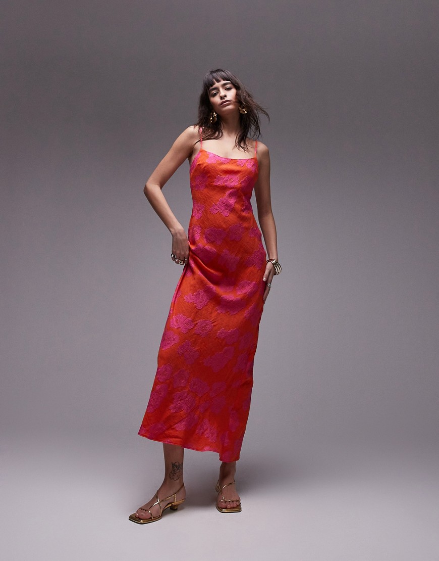 Topshop premium jacquard midi slip dress in pink and orange