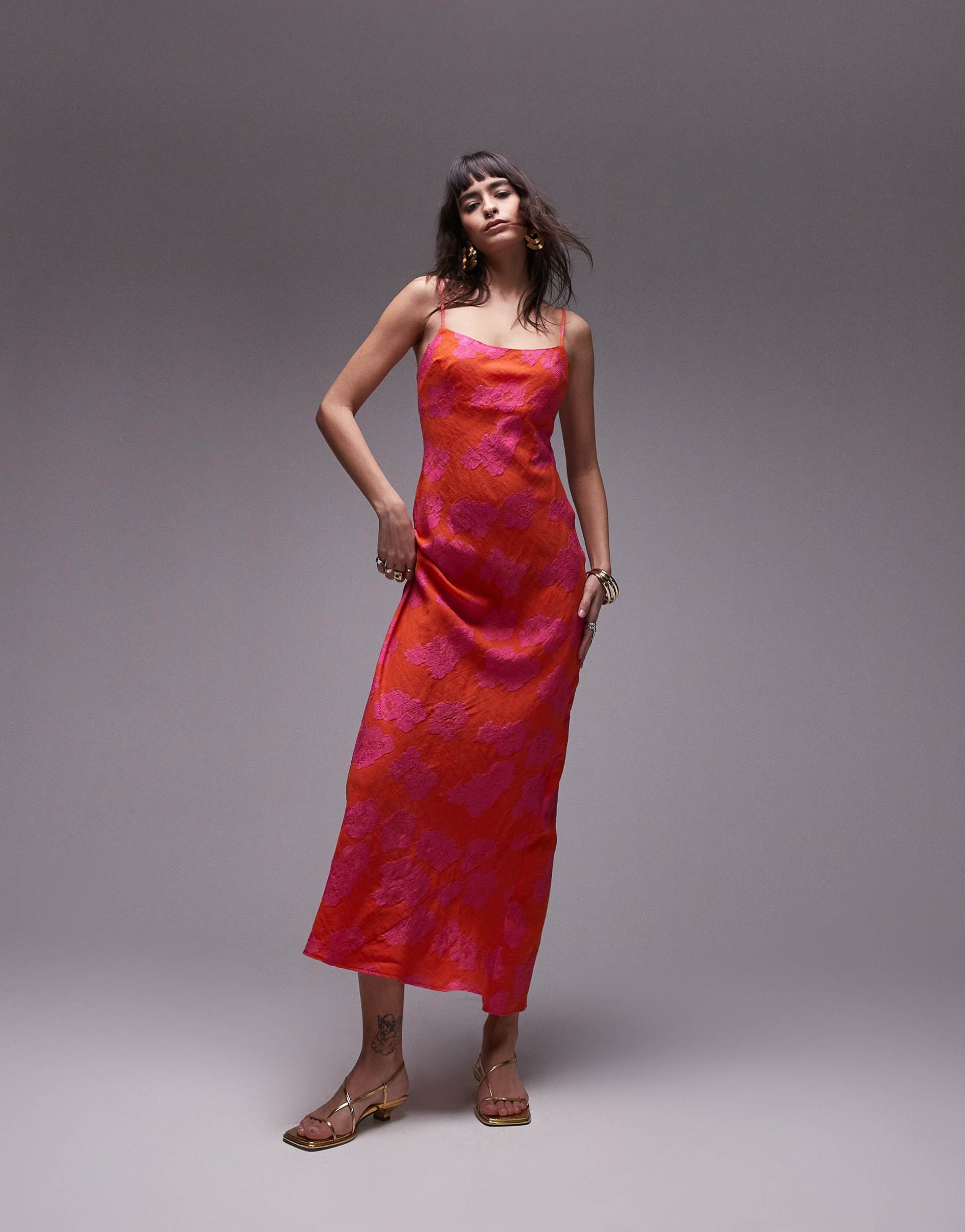 topshop premium jacquard midi slip dress in pink and orange