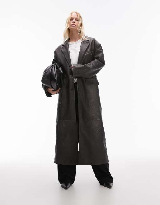 Topshop - Premium - Jas van echt leer met wassing in zwart