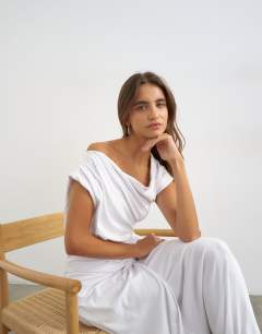 Model wearing Premium jersey draped asymmetric maxi dress in white