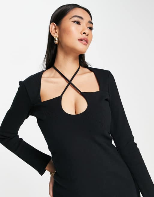 Topshop premium jersey rib midi dress with keyhole and tie neck in black |  ASOS