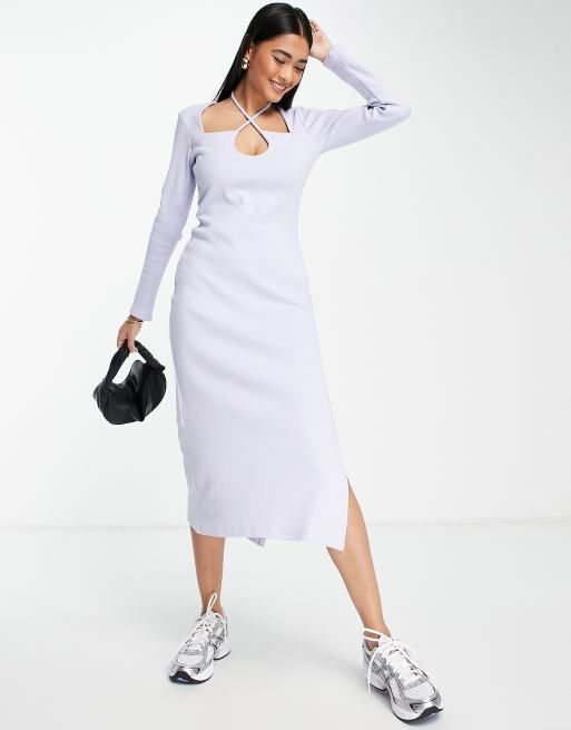 Topshop premium jersey rib midi dress with keyhole and tie neck in lilac |  ASOS