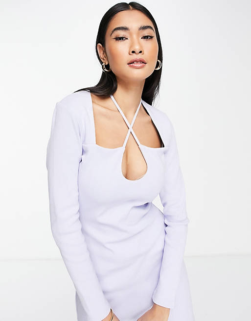 Dresses Topshop premium jersey rib midi dress with keyhole and tie neck in lilac 