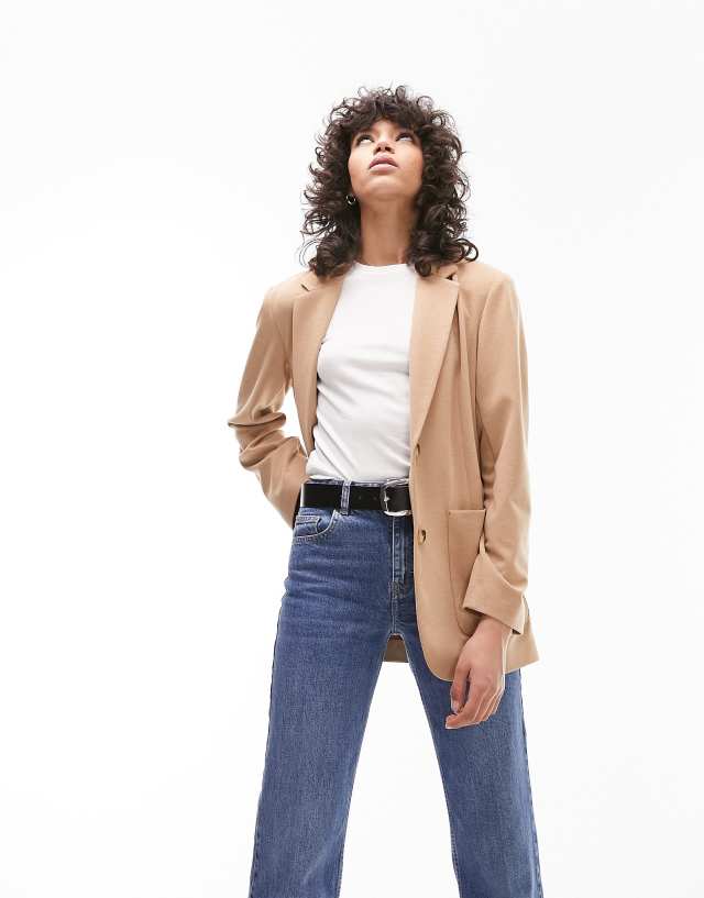 Topshop premium jersey straight blazer in camel