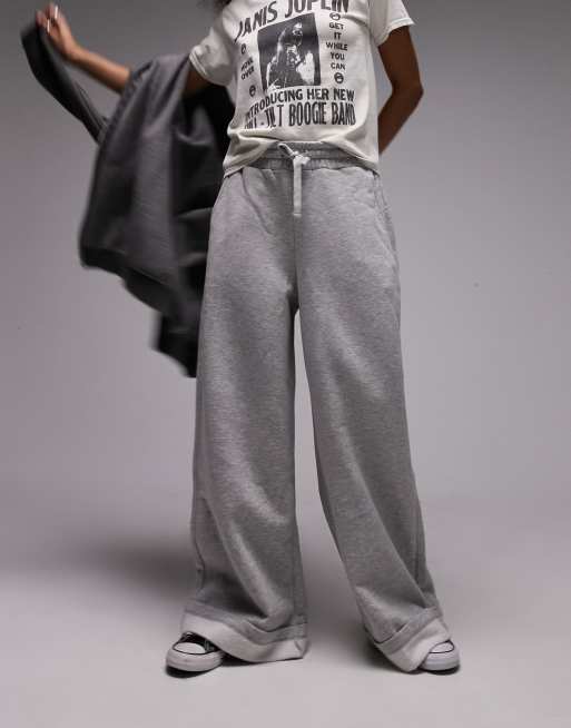 Topshop - Premium - Joggingbroek met wijde pijpen en omgeslagen boorden in grijs