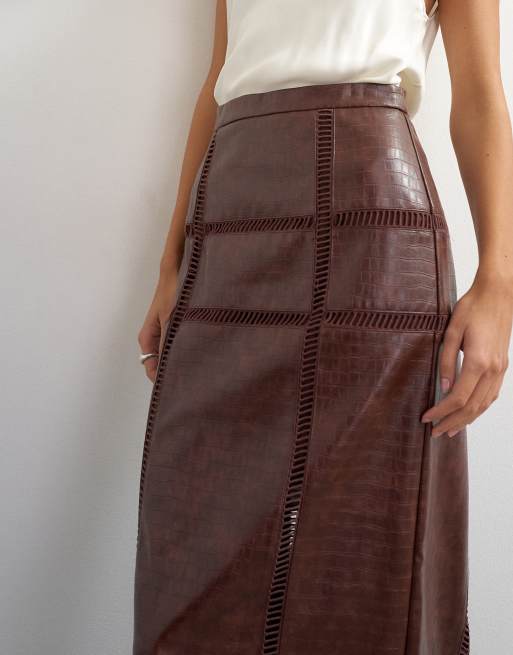 Topshop premium jupe longue droite à détails ajourés couleur chocolat, 2 de 5