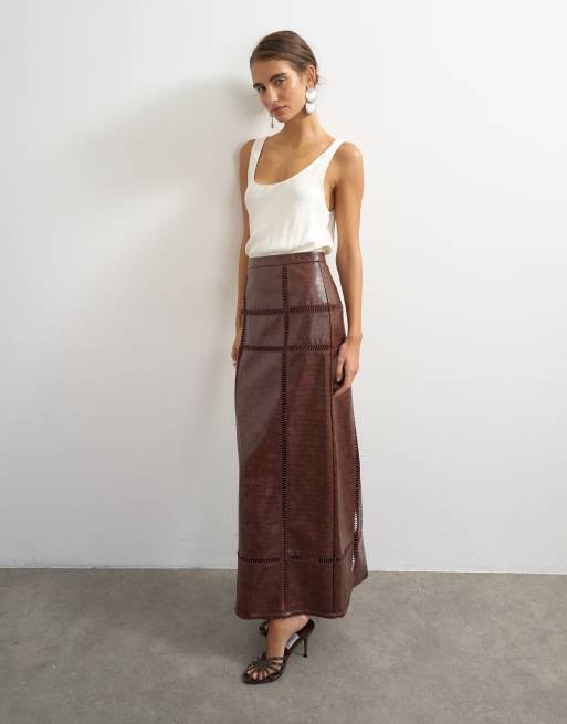 Topshop premium jupe longue droite à détails ajourés couleur chocolat, 3 de 5