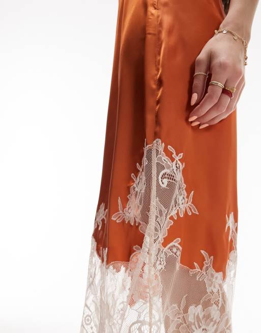 Topshop Premium - Jupe mi-longue avec empiècement en dentelle - Rouille  , 2 de 4
