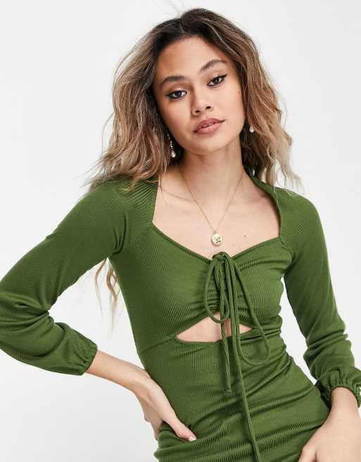 Topshop – Premium – Khakifärgad midiklänning i ribbad jersey med ryschad design fram, 2 av 4