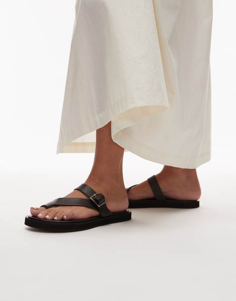 Topshop Premium – Kimberley – Flache Sandalen aus Leder in Schwarz - view 1