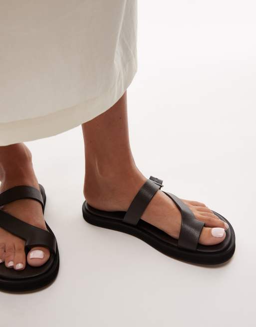 Topshop Premium Kimberley leather flat sandals in black