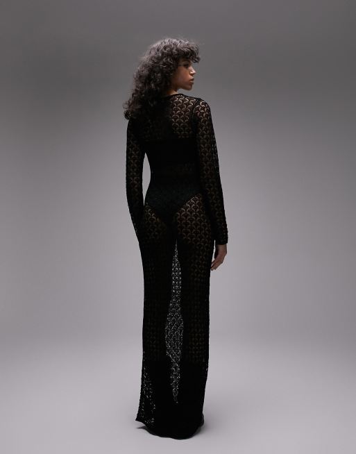 Topshop Premium knit beaded long sleeve dress in black, 2 of 4